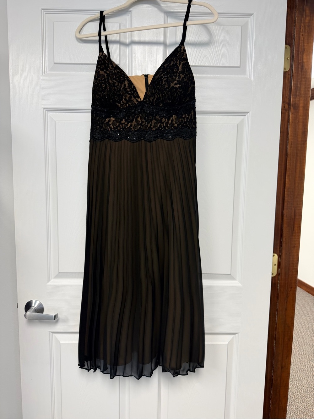 Metaphor Black Lace Bodice Pleated Midi Dress with Nude Lining